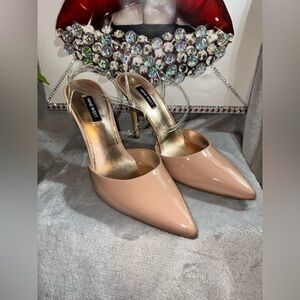 Nine West Nude Patent Pointed-Toe Slingback Heels with Clear Ankle Strap